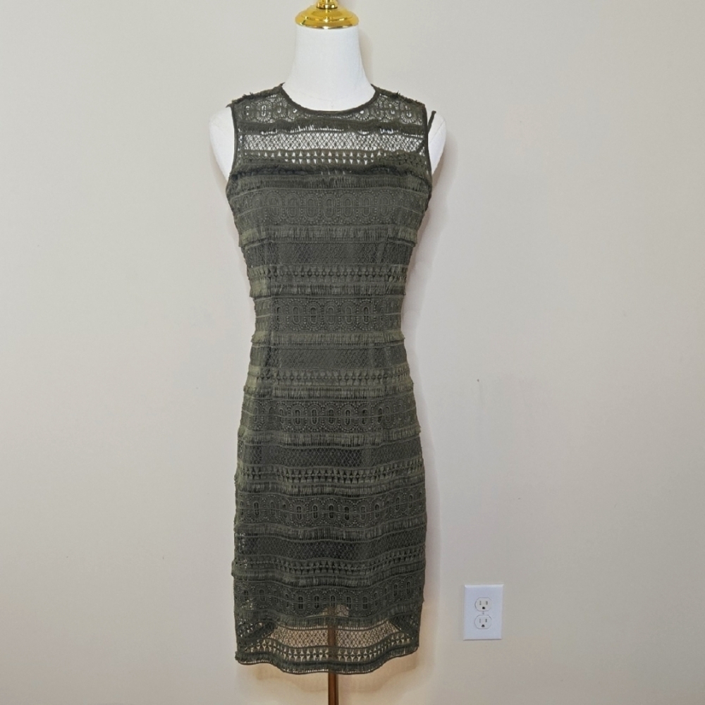 Elie Tahari Olive Green Fringe Tassel Lace Dress Size 2 Elegant Statement Piece